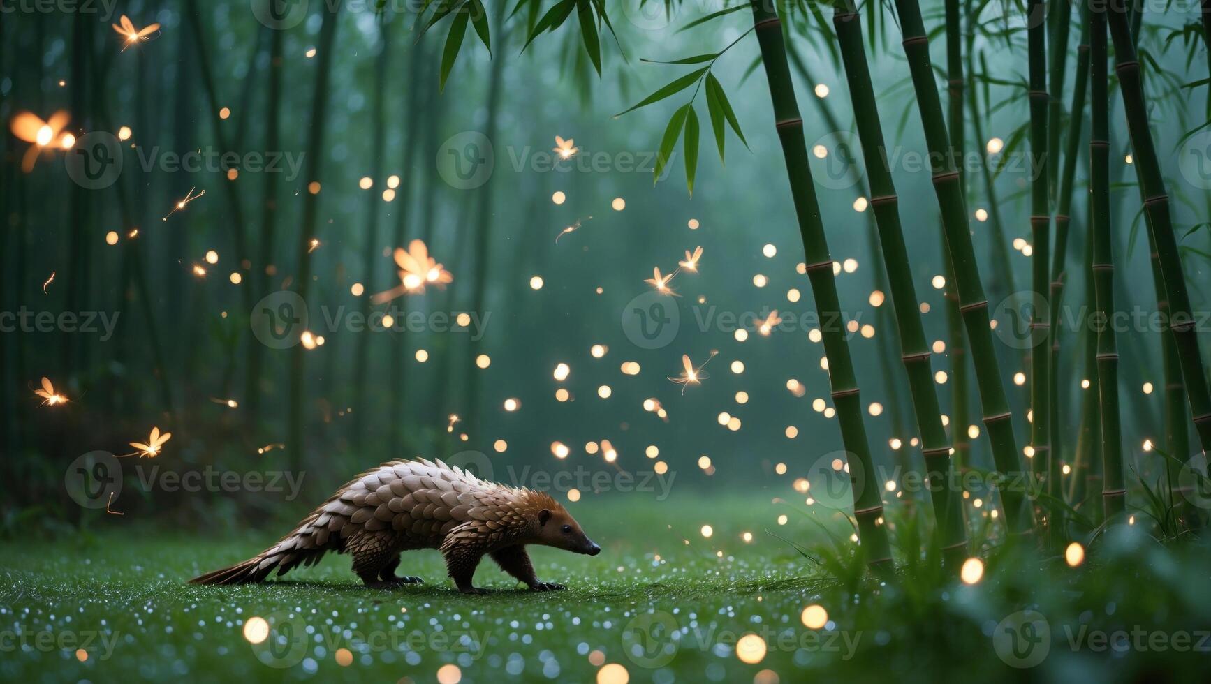 A solitary pangolin wanders through a serene bamboo forest illuminated by glowing fireflies at dusk photo