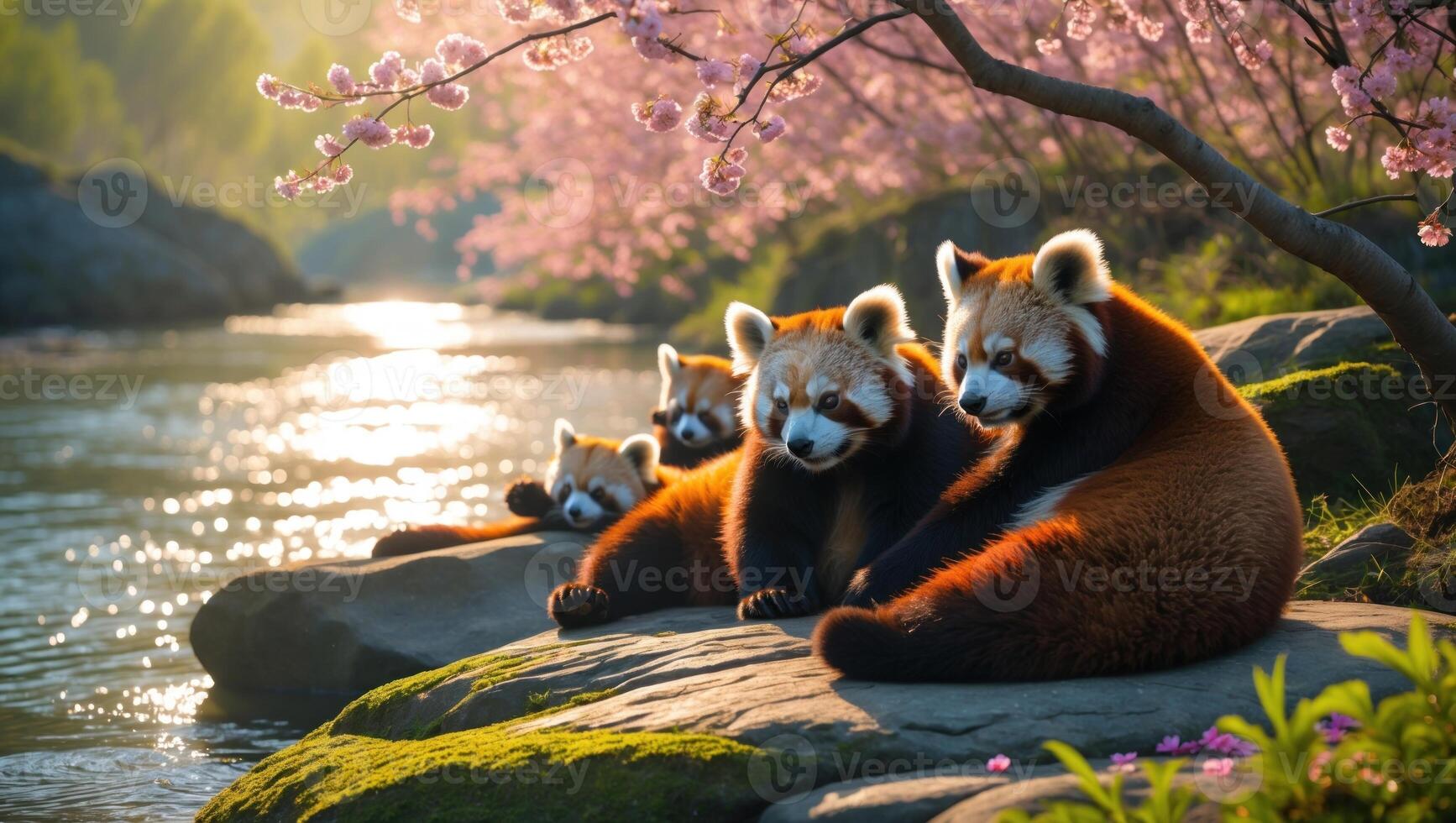 Four red pandas lounging by a serene river, surrounded by blooming cherry blossoms in the background photo