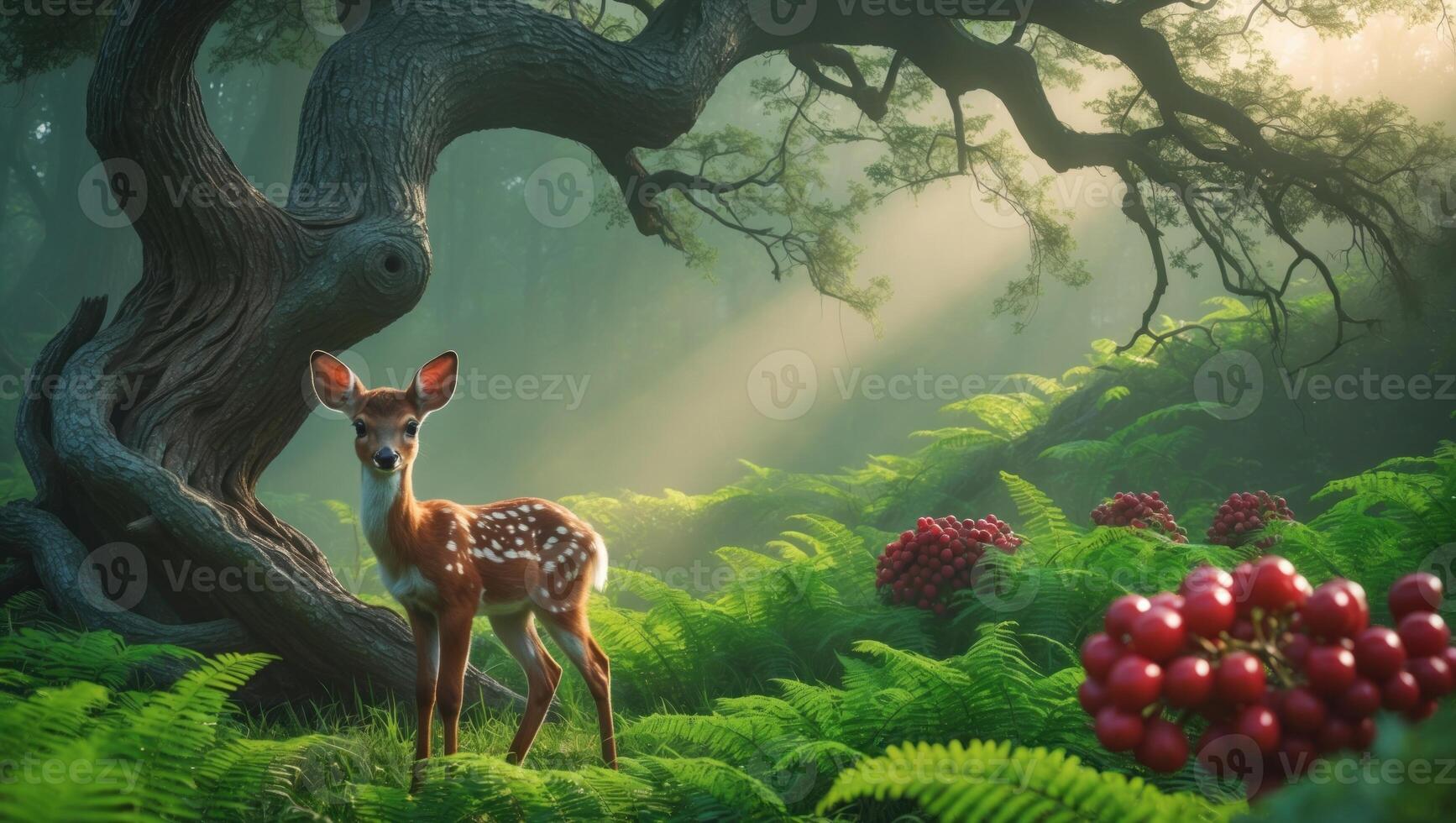 A serene forest scene featuring a young deer amidst lush ferns and vibrant red berries, illuminated by soft sunlight photo