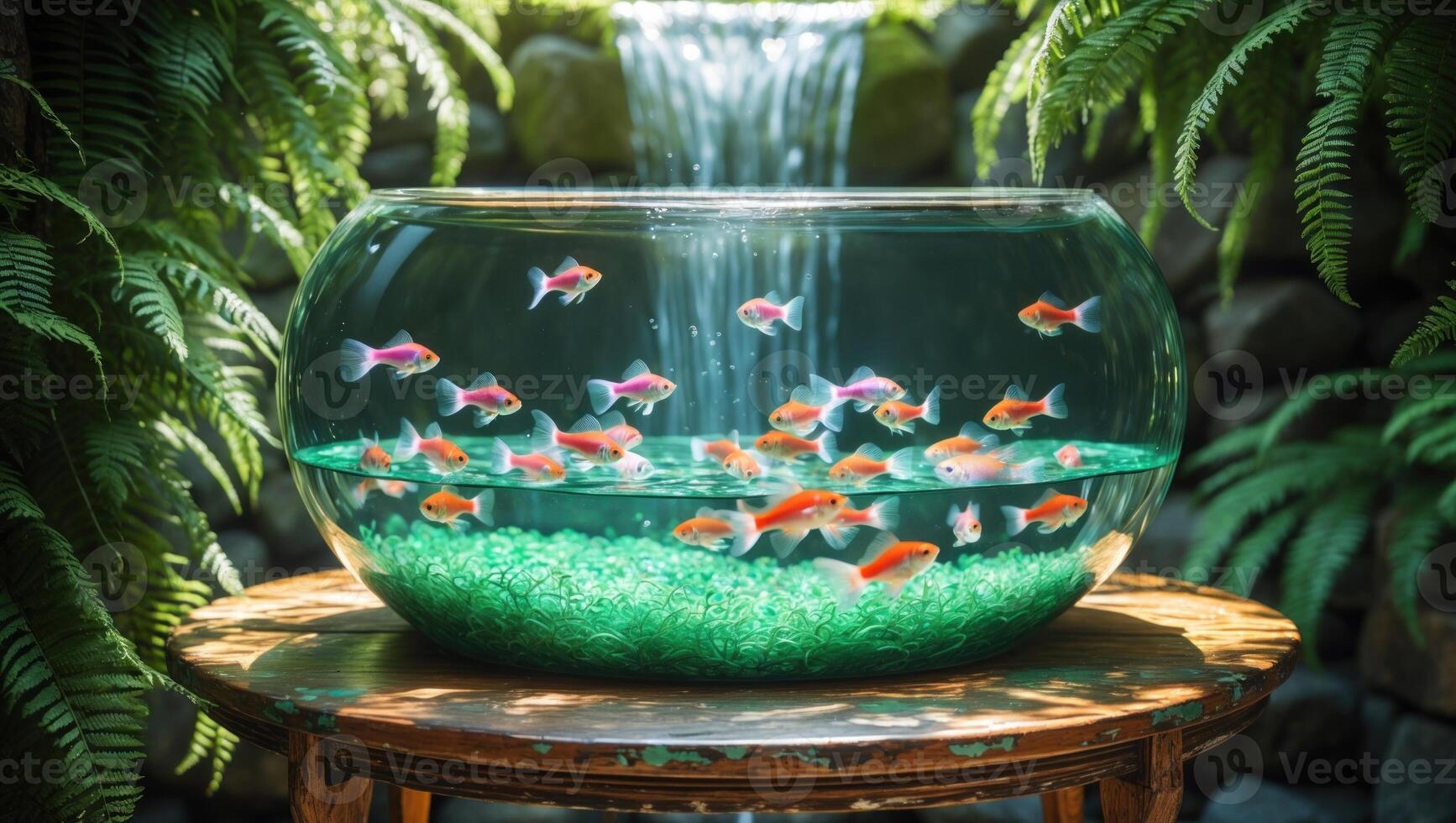 Vibrant aquarium filled with colorful fish, surrounded by lush greenery and a serene waterfall backdrop photo