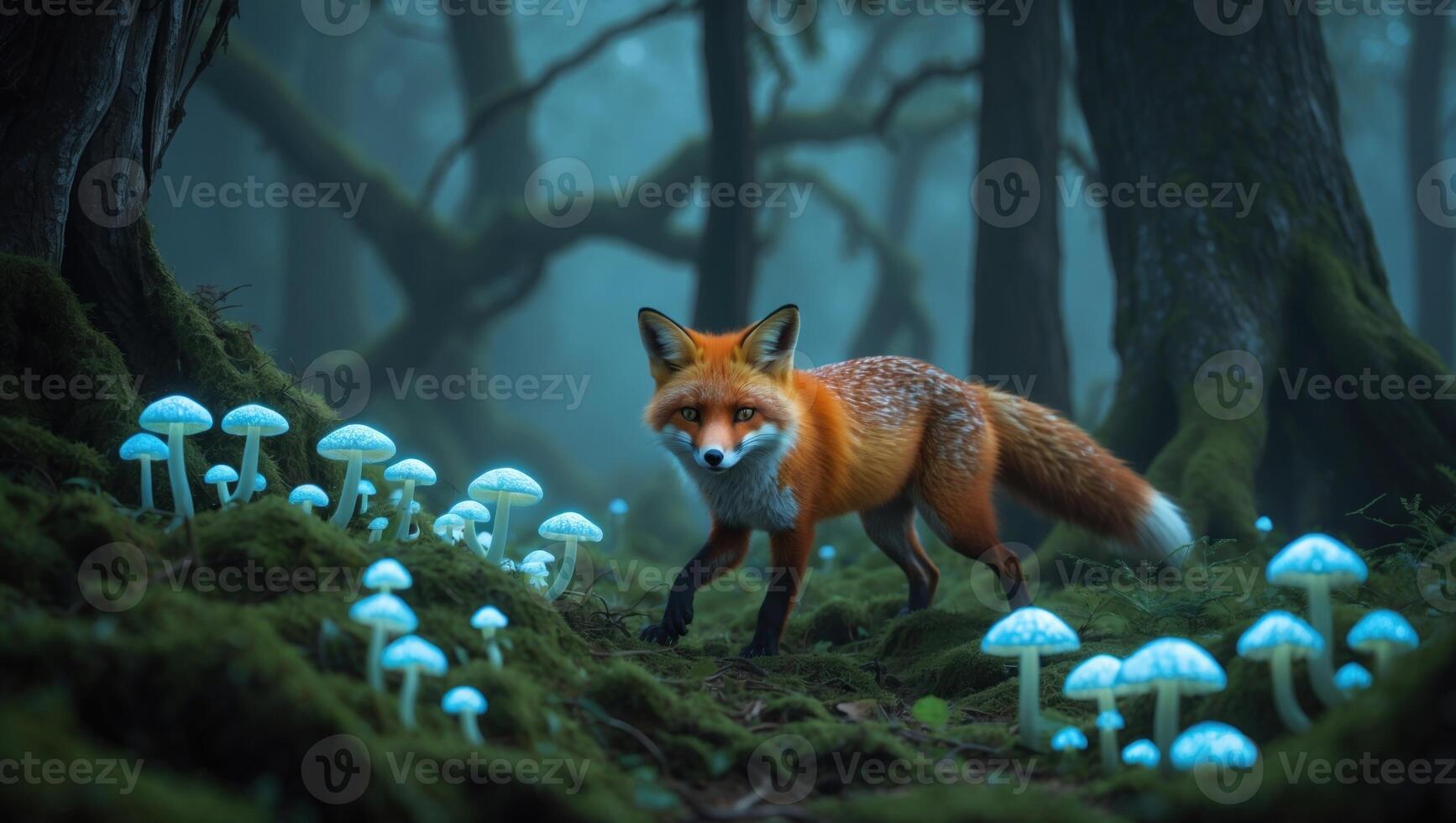 A red fox wanders through a misty forest filled with glowing blue mushrooms, creating a magical atmosphere photo