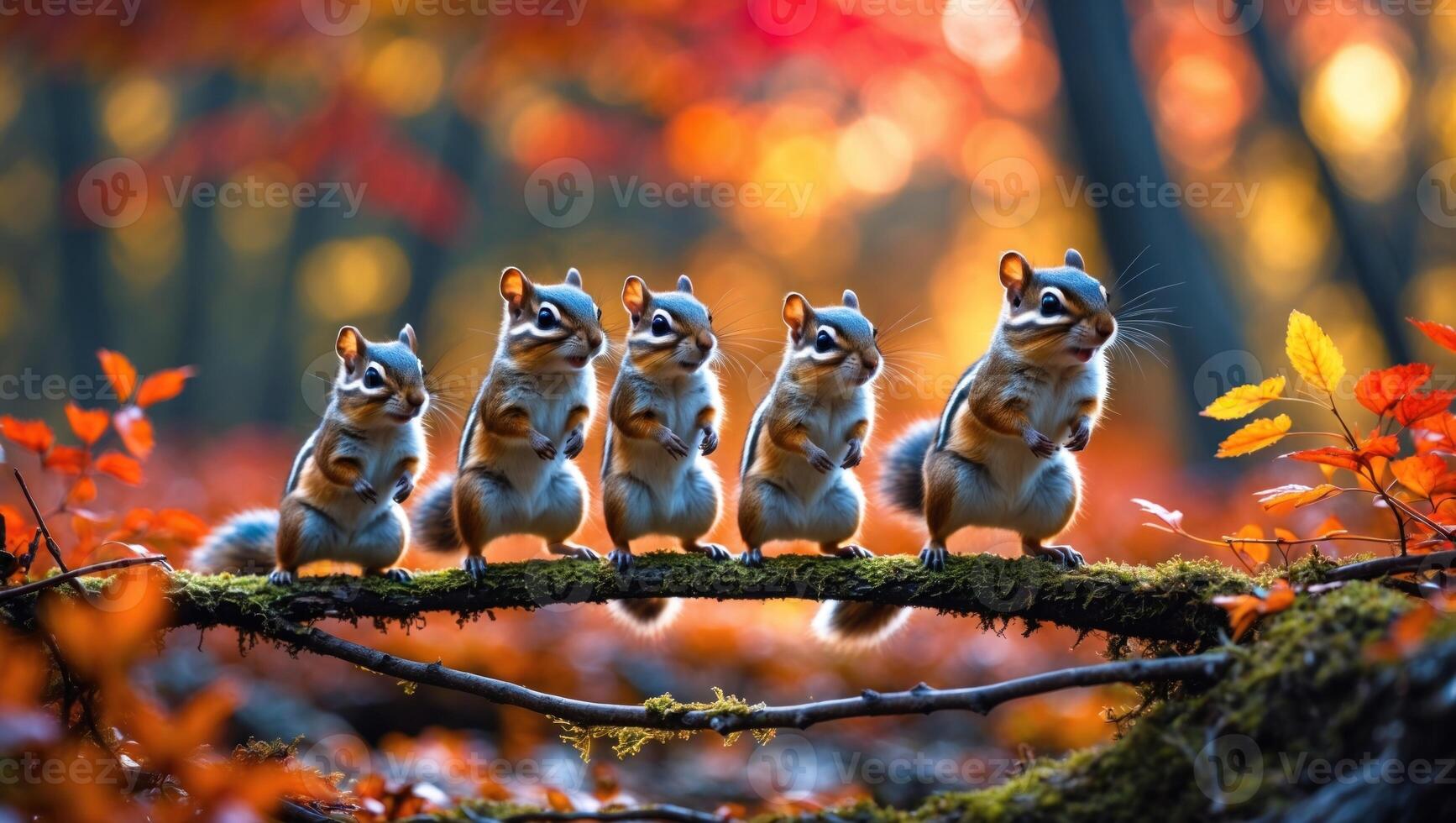 Five playful squirrels standing upright on a mossy branch in a vibrant autumn forest setting photo
