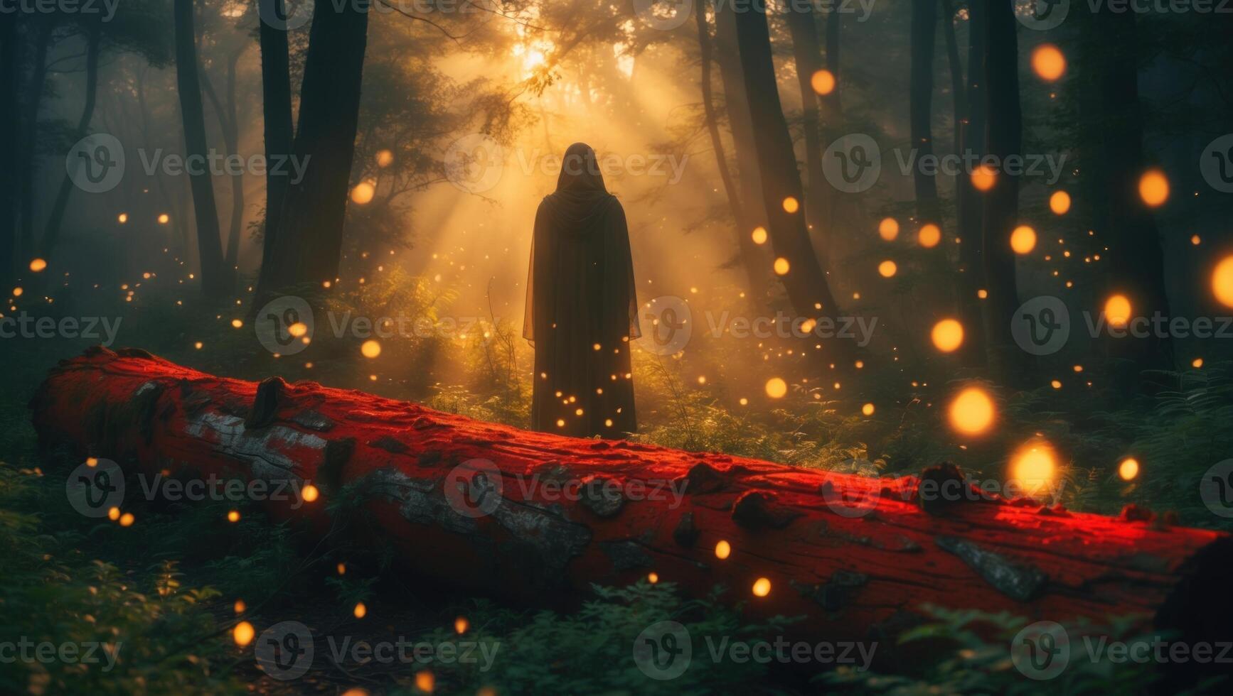 Mysterious figure in a forest, surrounded by glowing orbs, with sunlight filtering through trees photo