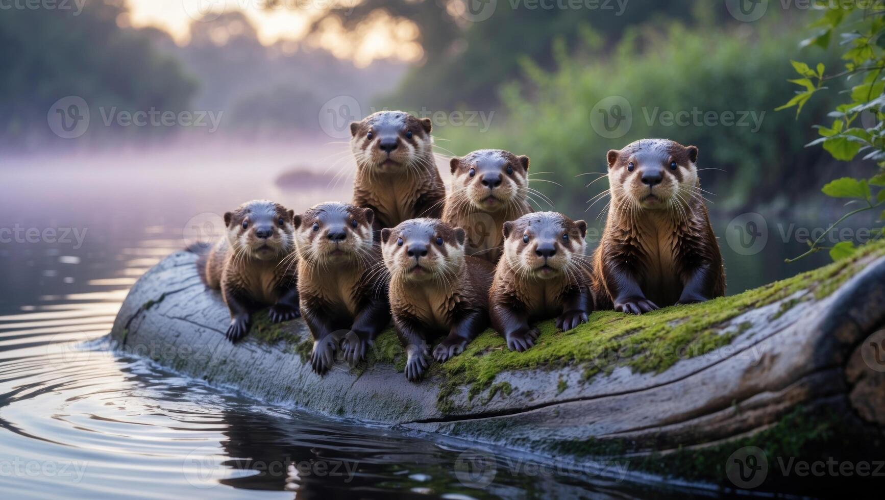 A playful group of otters lounging on a mossy log by a serene river at dawn, surrounded by mist photo