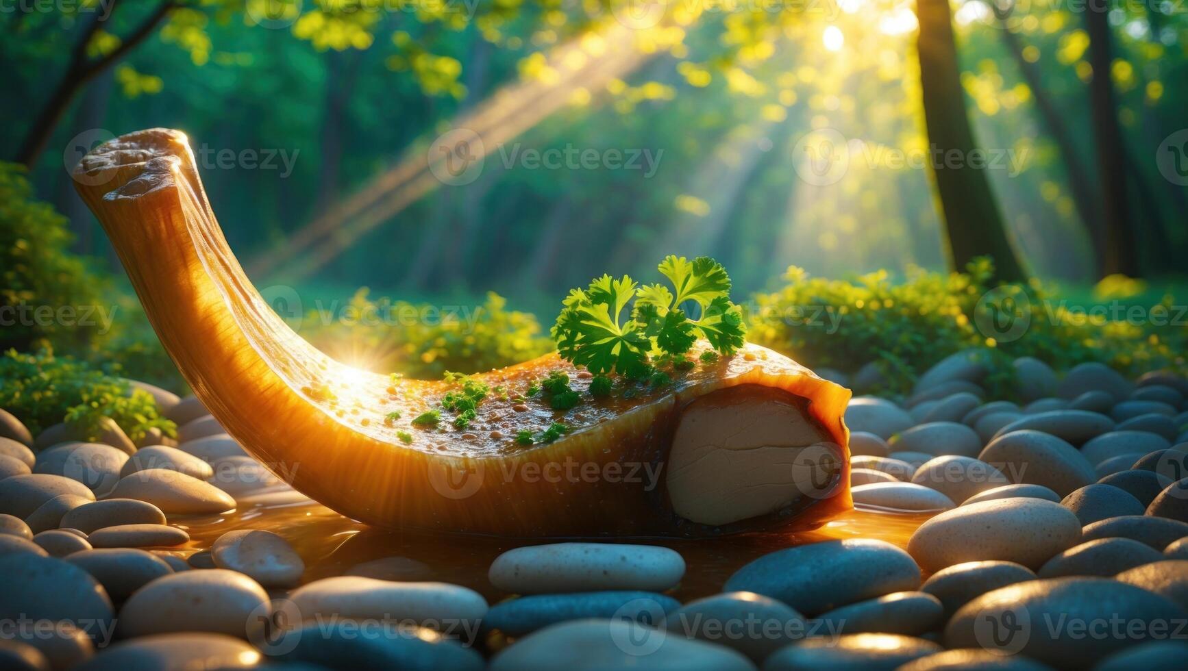 A beautifully presented piece of fish garnished with herbs resting on smooth stones in a sunlit forest photo