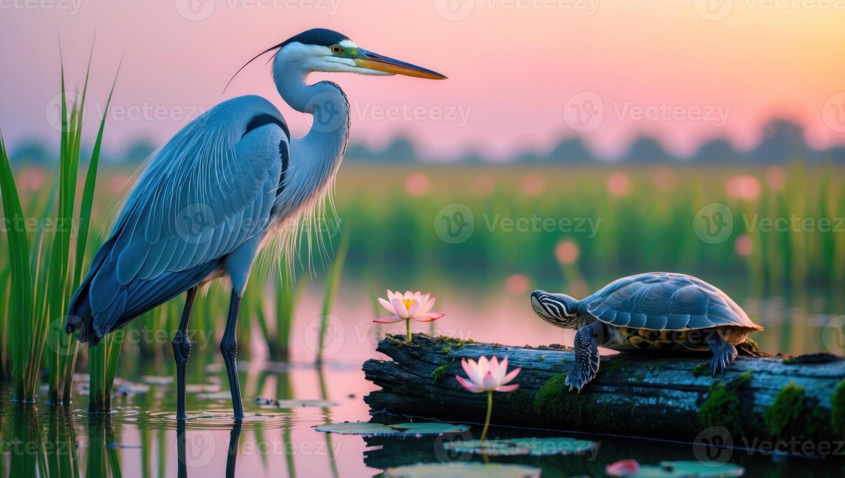 Majestic heron stands by a serene pond, as a turtle basks on a log amidst blooming lilies at sunset photo