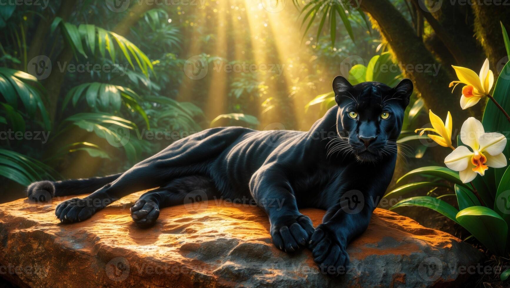 Majestic black panther lounging on a rock in a lush jungle with sunlight filtering through trees photo