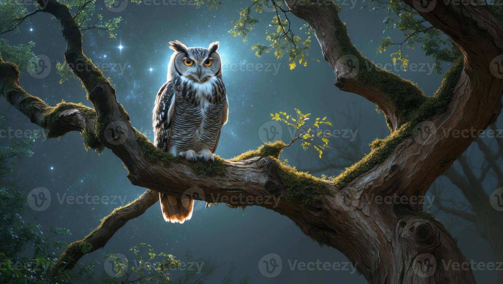 Majestic owl perched on a mossy tree branch under a starry night sky, exuding a mystical aura photo