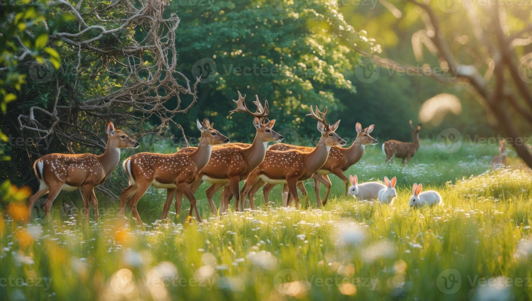A serene scene in a lush meadow featuring a group of deer and rabbits during golden hour photo