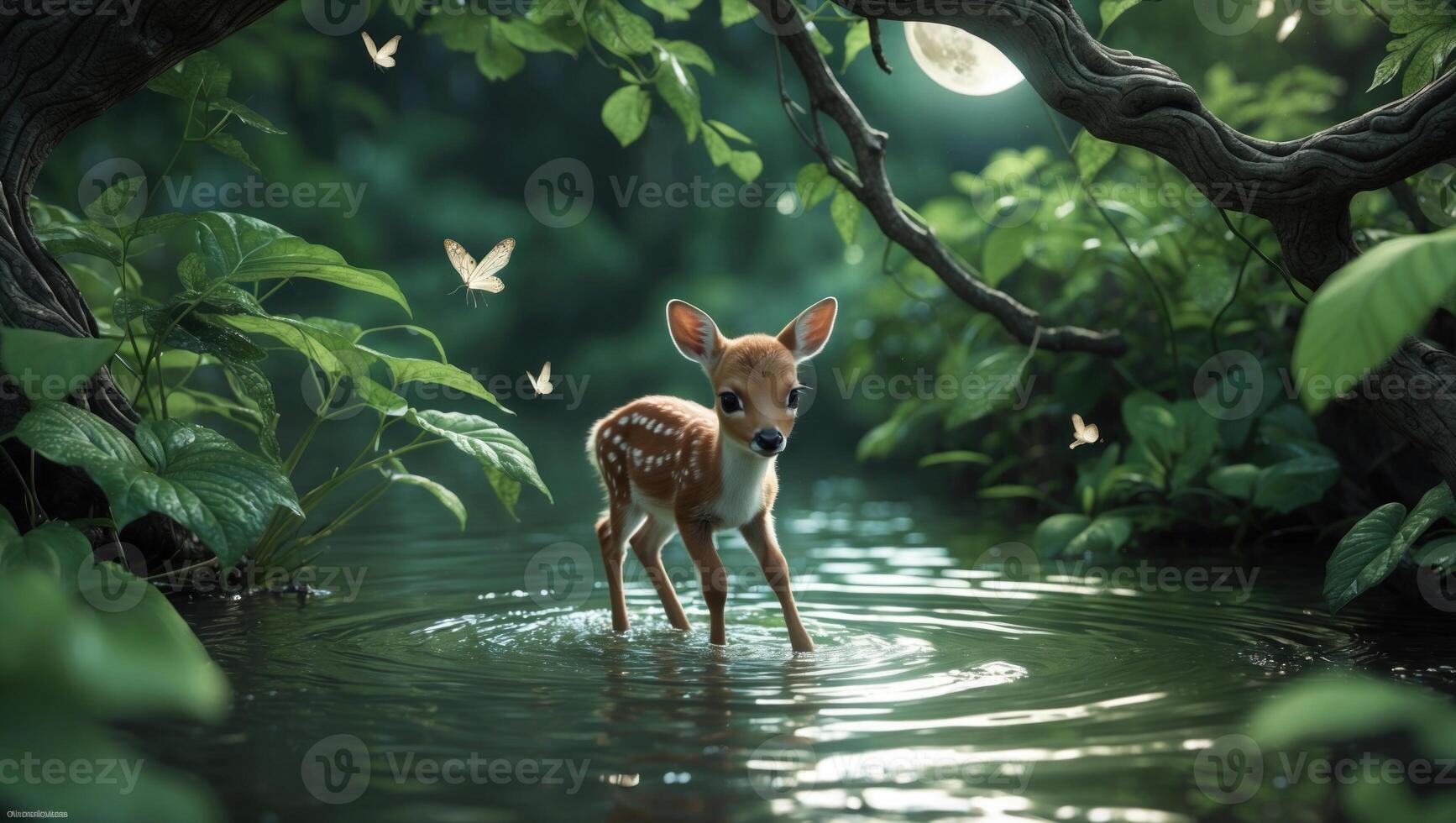 A serene fawn stands in a tranquil forest pond surrounded by lush greenery and glowing butterflies photo