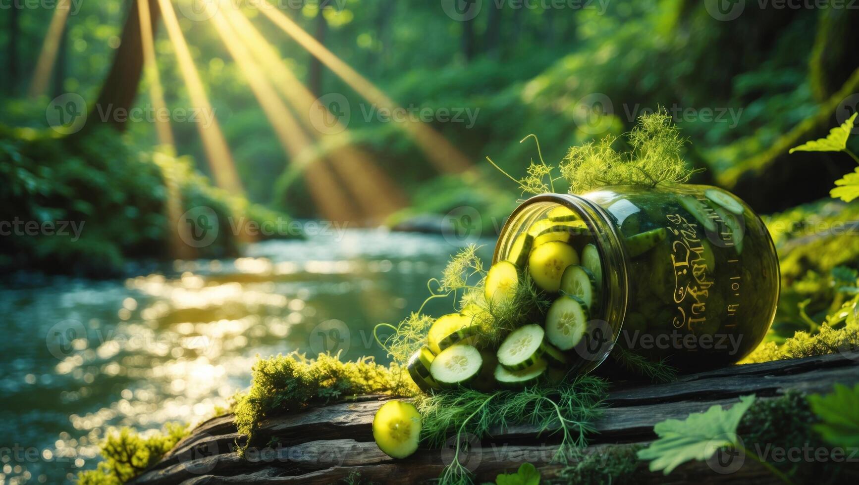 Freshly sliced cucumbers spilling from a jar in a serene forest setting with sunlight filtering through trees photo