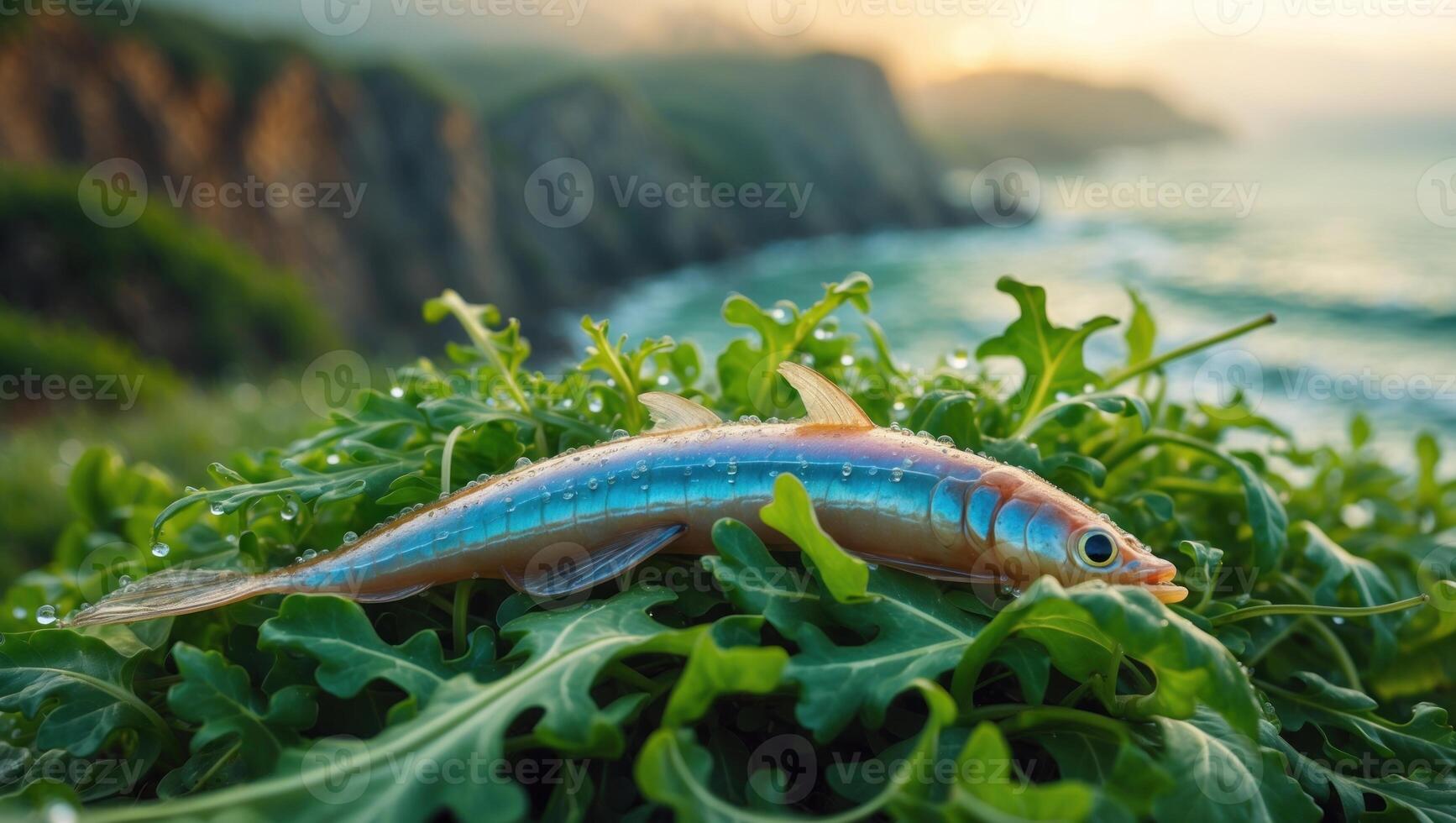 Colorful fish resting on fresh arugula leaves by the ocean at sunrise, with cliffs in the background photo
