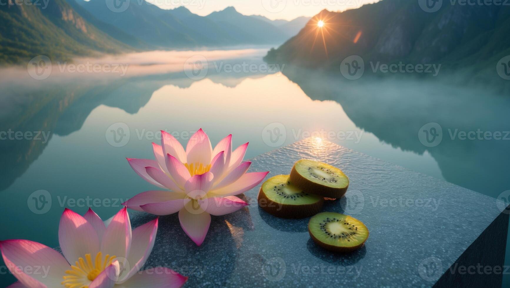 Serene lakeside scene with pink lotus flowers and kiwi slices at sunrise, surrounded by mountains photo
