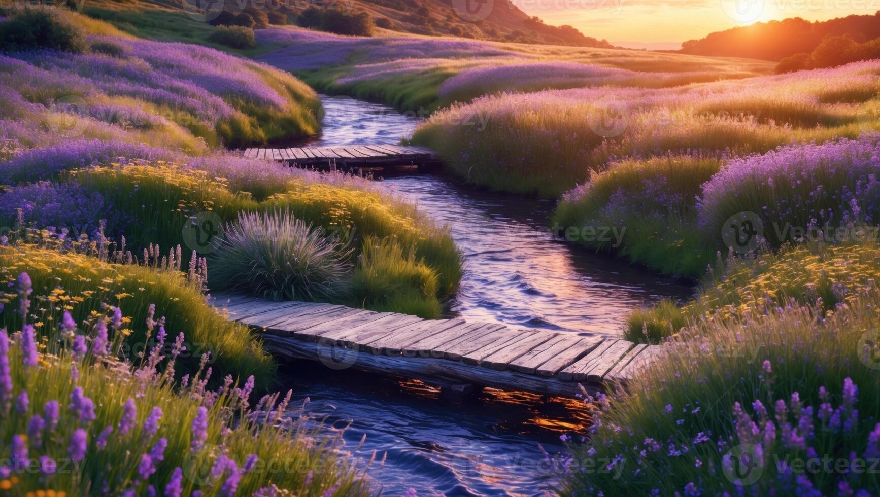 Serene sunset over a lavender field with a winding stream and wooden bridge under a colorful sky photo