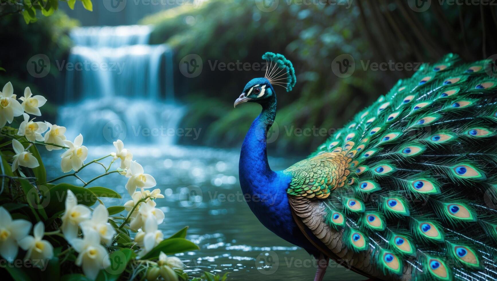 Majestic peacock displaying vibrant plumage near a serene waterfall surrounded by lush greenery photo