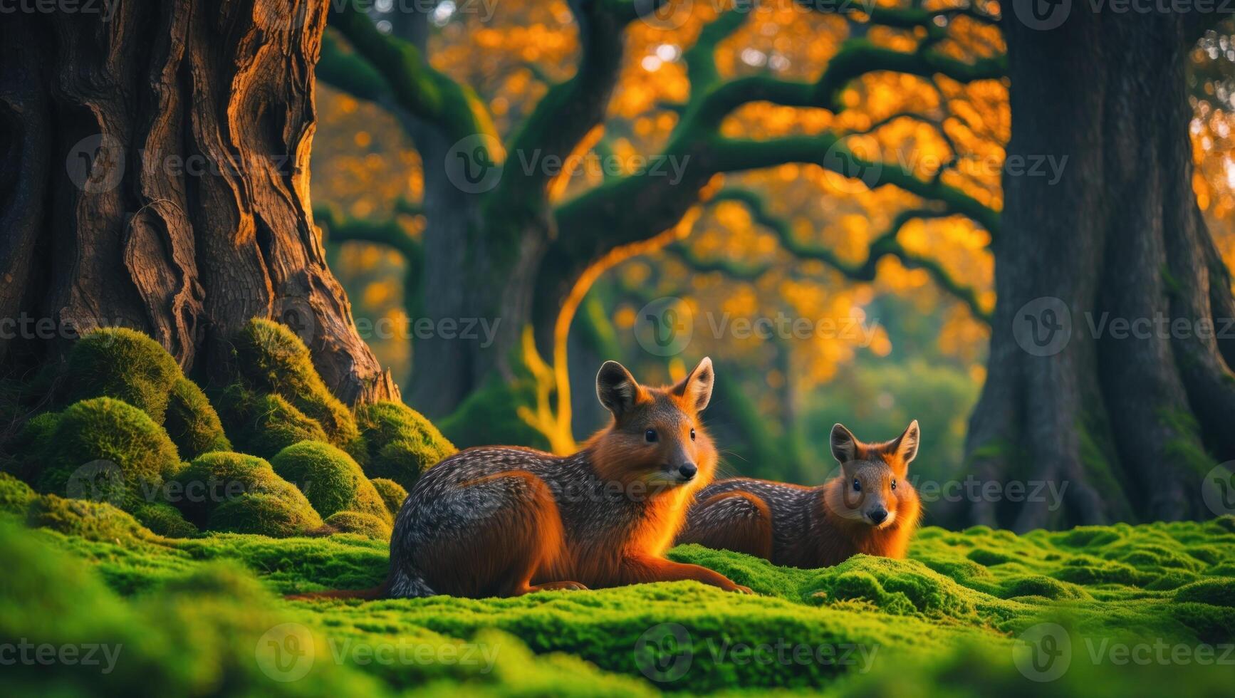 Two foxes resting on vibrant green moss under ancient trees in a serene forest during sunset photo