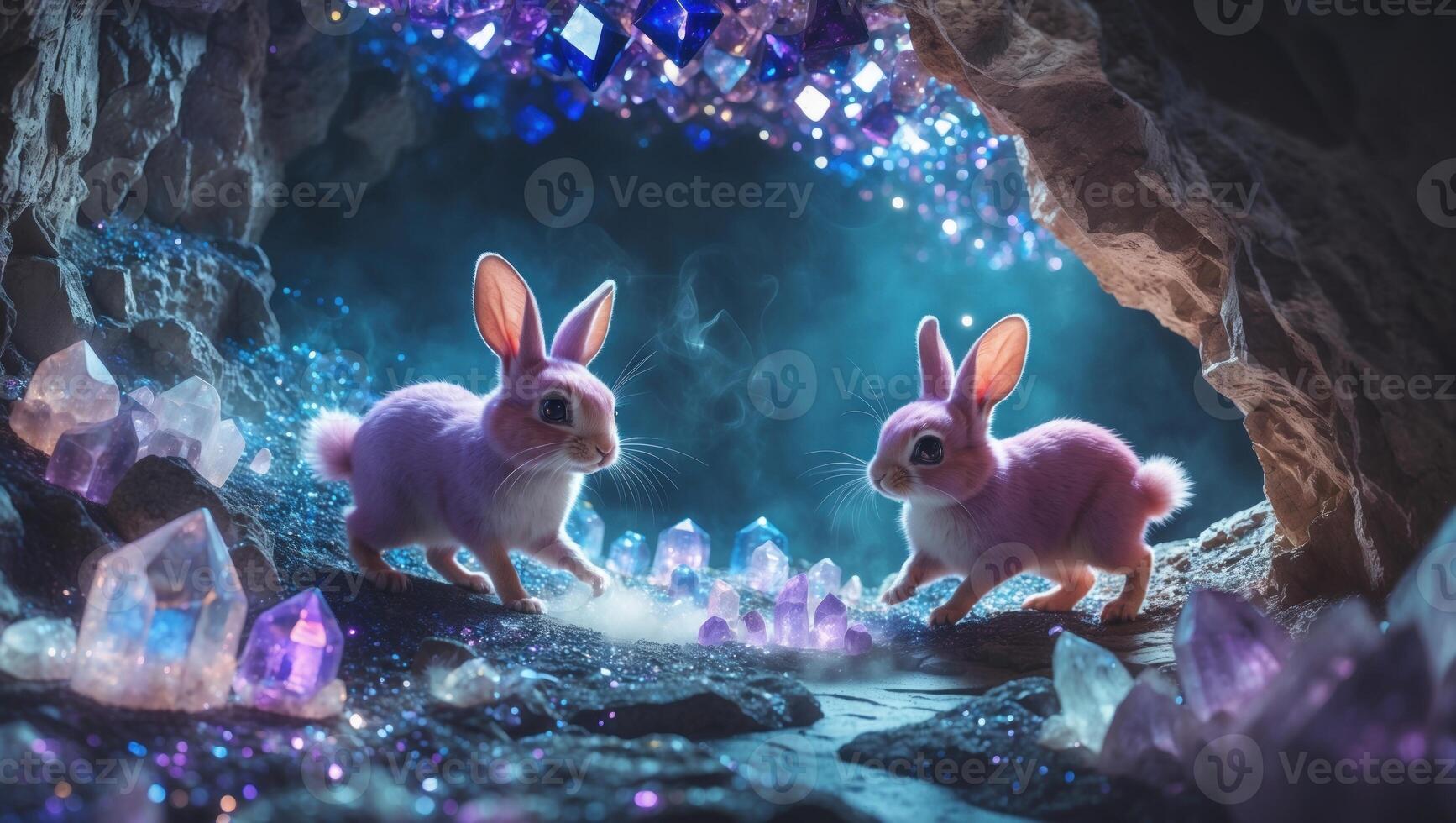 Two cute rabbits exploring a crystal cave illuminated by colorful gems and soft blue light photo
