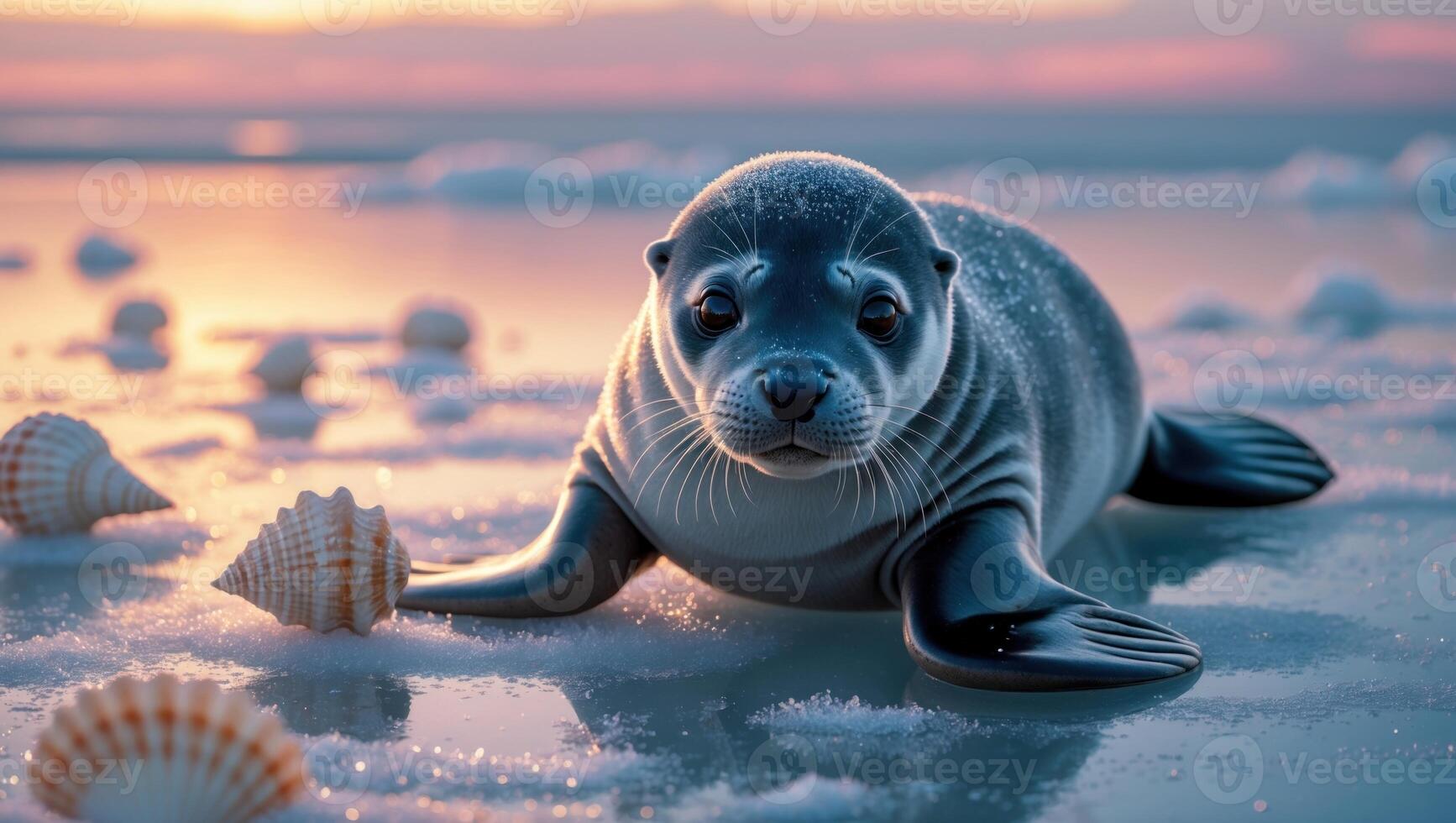 A serene seal resting on a snowy beach at sunset, surrounded by seashells and soft waves in the background photo