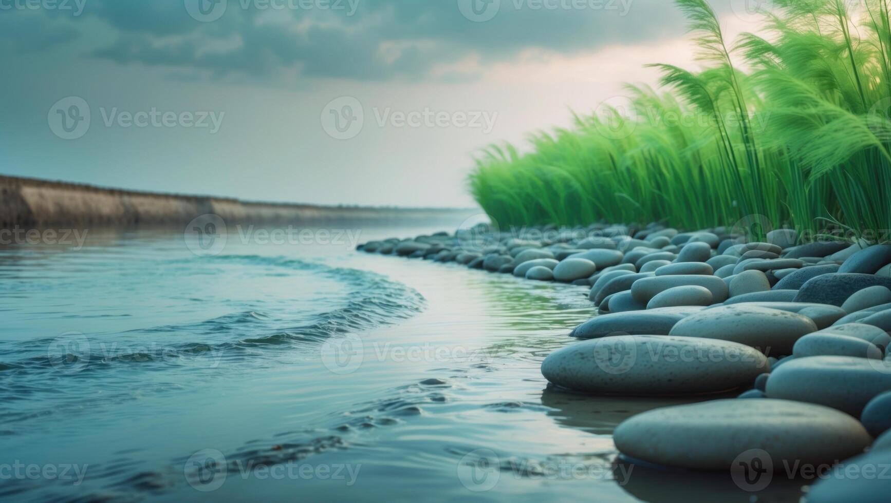 Serene riverside view featuring smooth pebbles and lush green reeds under a cloudy sky photo