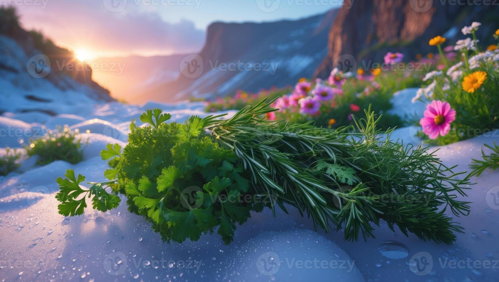 Fresh herbs resting on a dewy surface in a vibrant valley at sunrise, surrounded by blooming flowers photo