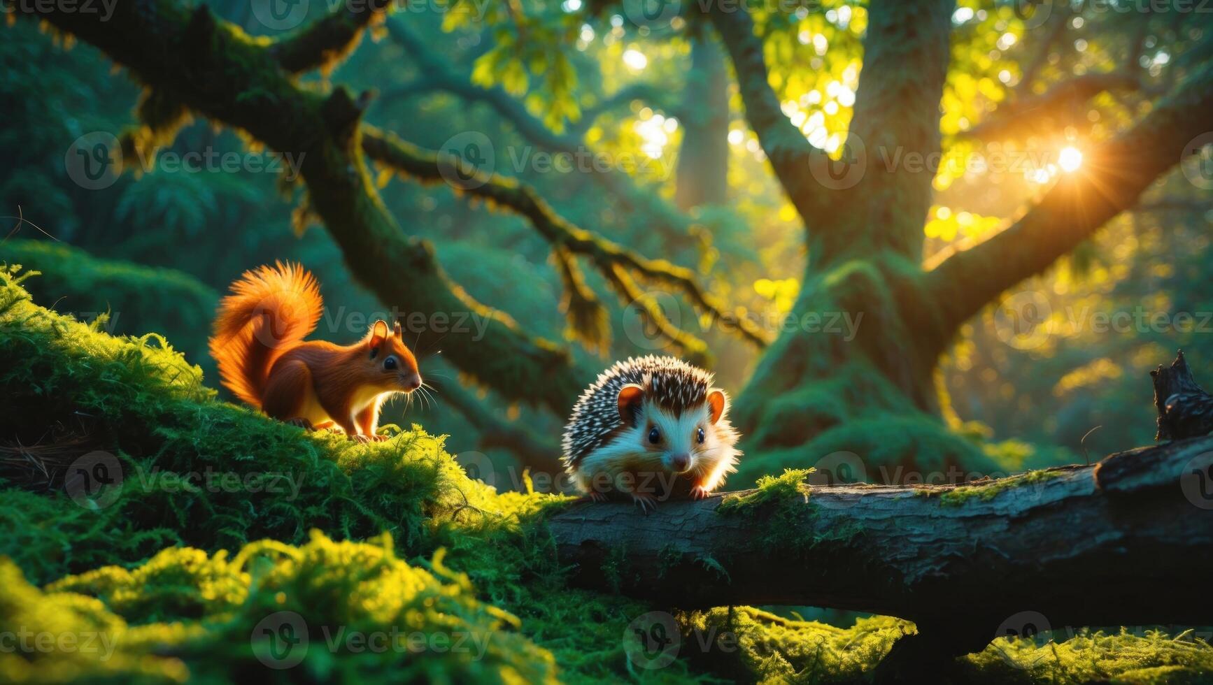 A playful squirrel and a curious hedgehog exploring a vibrant forest at sunrise, surrounded by lush greenery photo