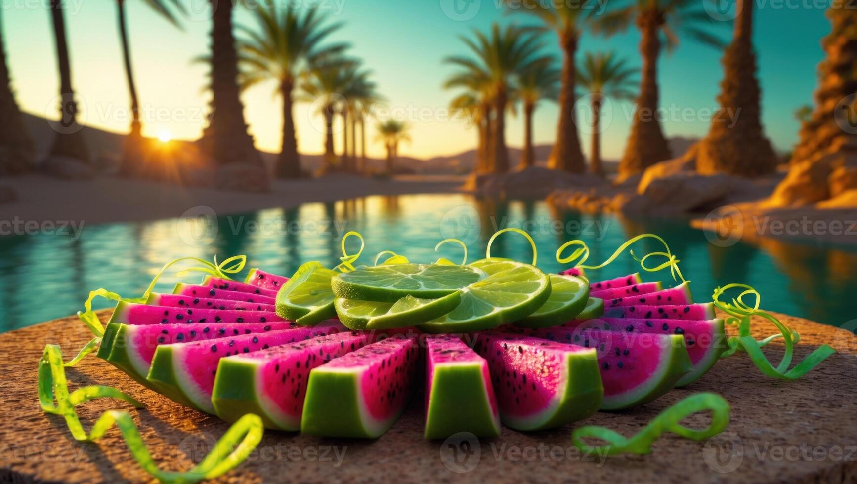 Vibrant watermelon and lime slices arranged elegantly by a serene pool surrounded by palm trees at sunset photo