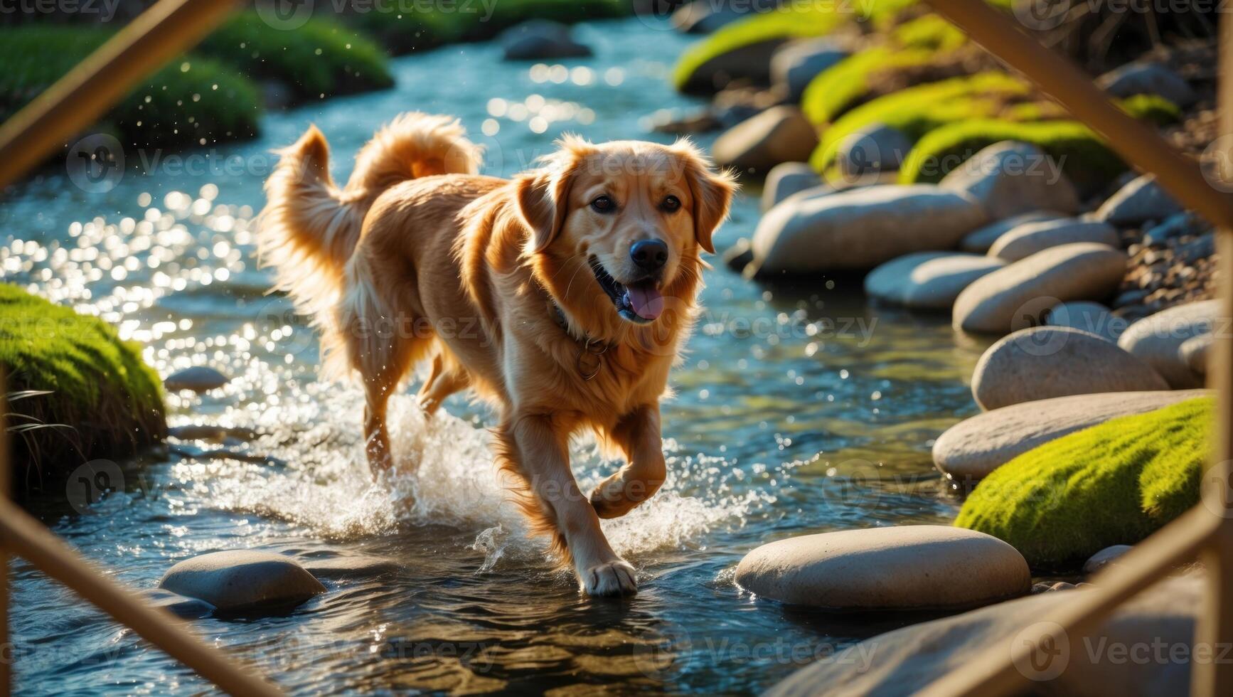 Golden retriever joyfully splashing through a serene stream surrounded by lush greenery and smooth stones photo