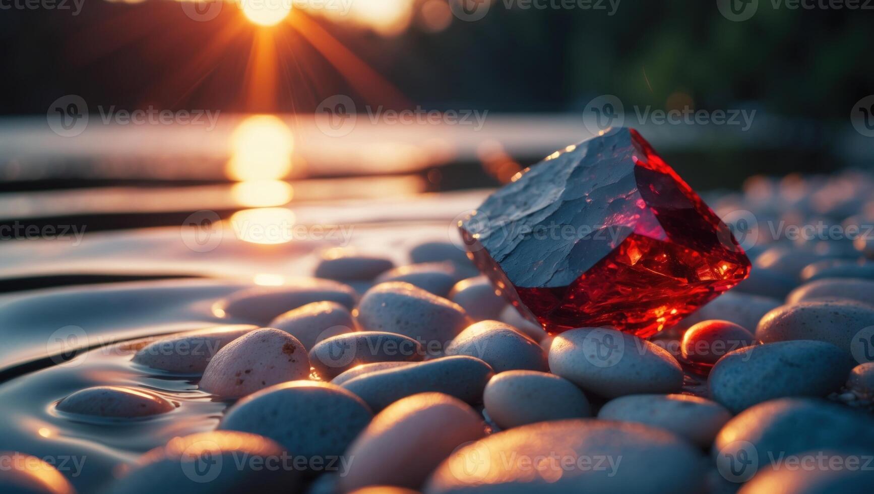 Glimmering red gemstone resting on smooth pebbles by a tranquil lakeside at sunset photo