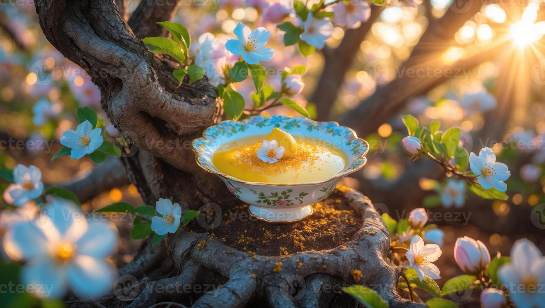A delicate dessert served in an ornate bowl, nestled among blooming flowers at sunset photo