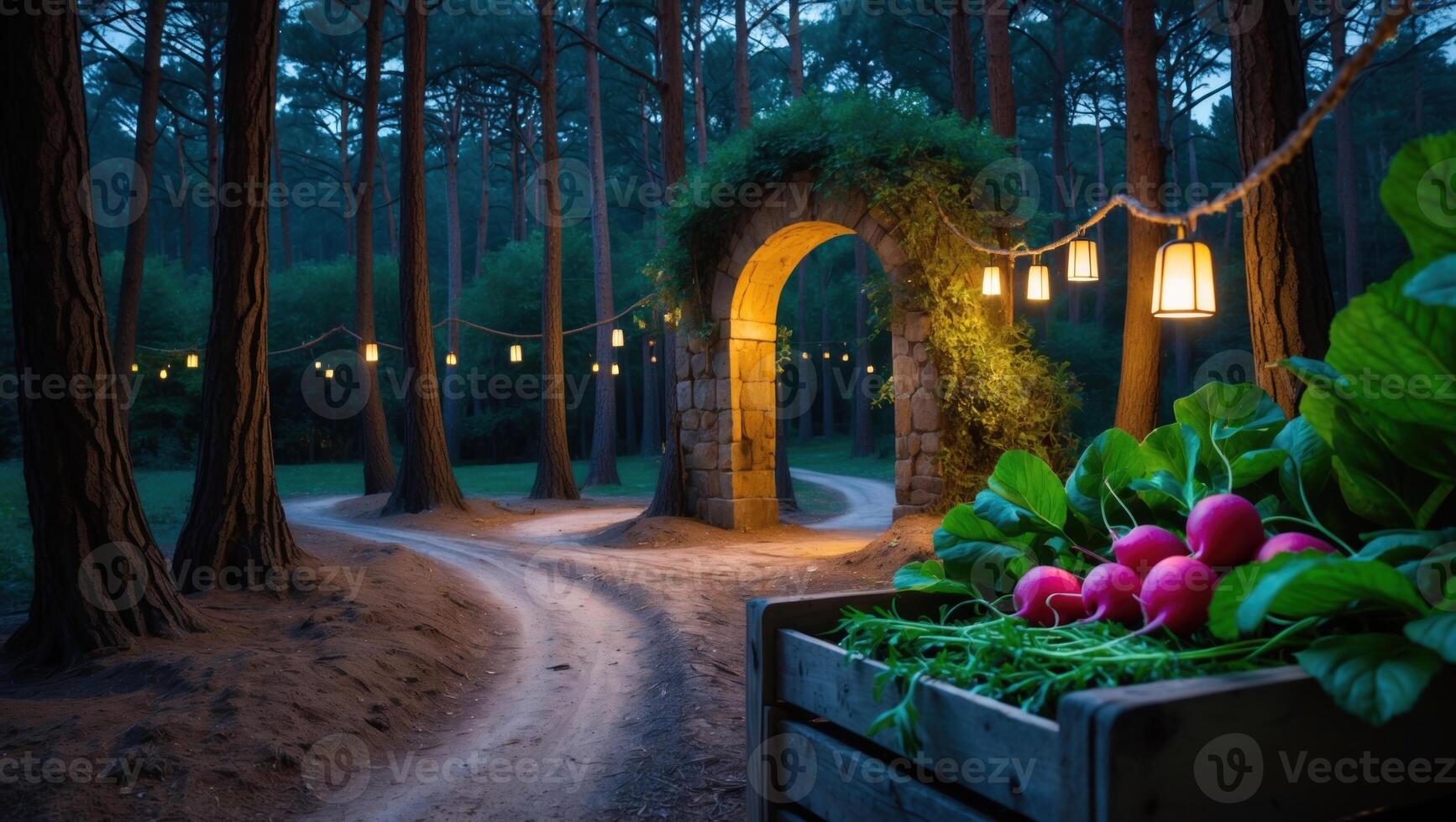 Serene twilight scene featuring a rustic archway in a forest with lanterns and fresh radishes nearby photo