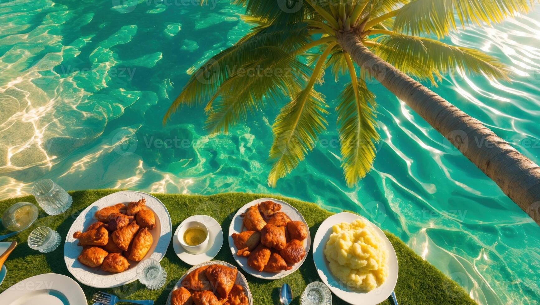 Tropical beach picnic featuring a variety of fried chicken, mashed potatoes, and drinks under a palm tree photo