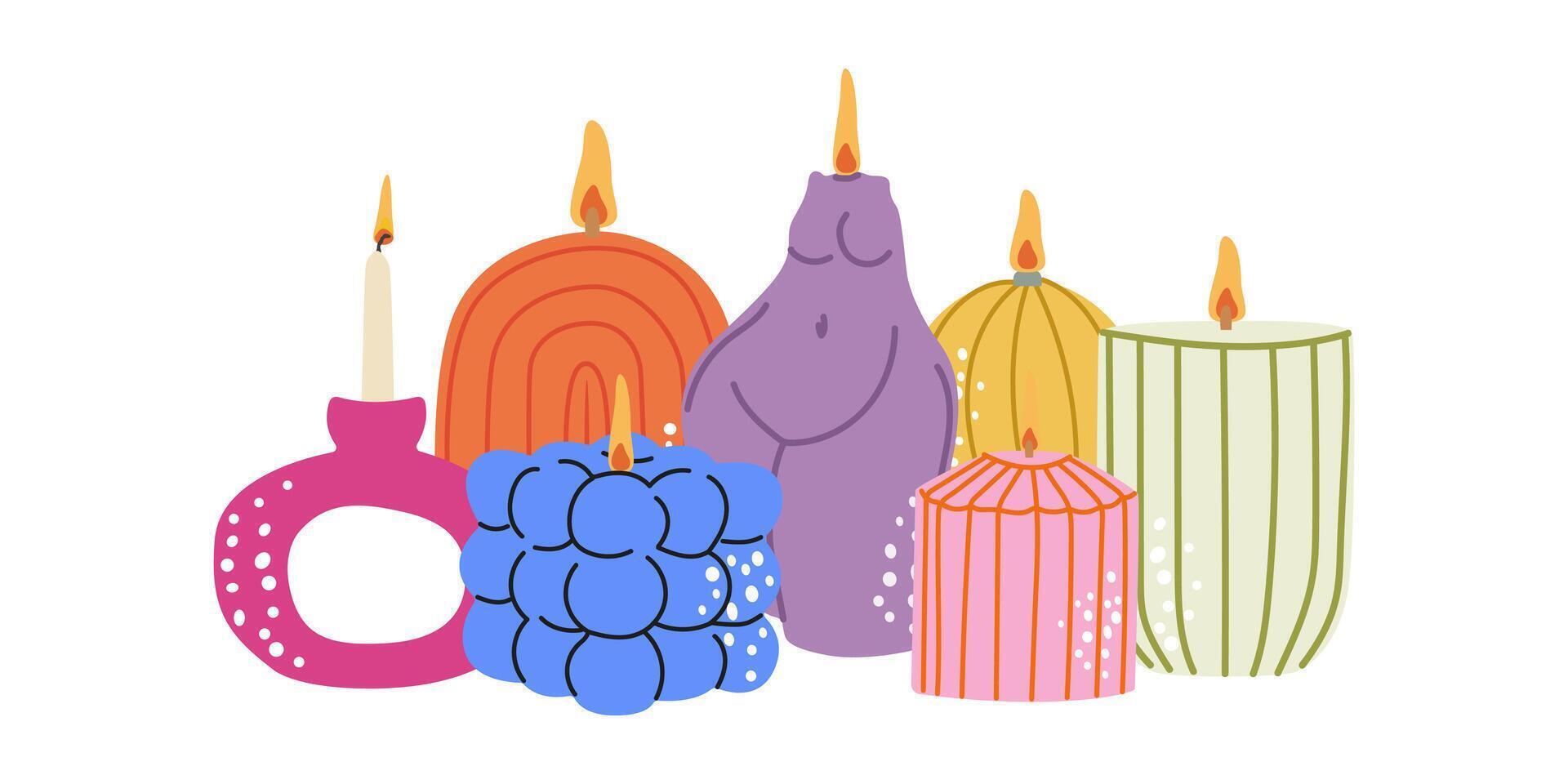 Various vintage candles. Retro wax doodle candles set of various shapes and colours in cartoon groovy style. Aromatherapy hand drawn design elements vector