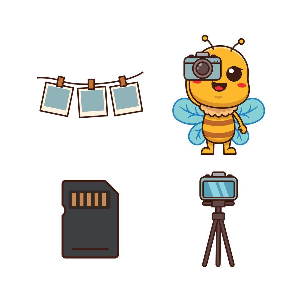 Cute flat cartoon illustration set of photography elements photo hanging clips, bee character holding a camera, SD card, and camera on tripod. vector