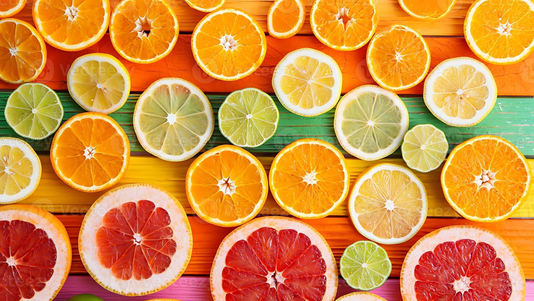 Vibrant Citrus Fruits Slices on Colorful Wood Background A Refreshing and Healthy Assortment of Oranges Lemons Limes and Grapefruit photo