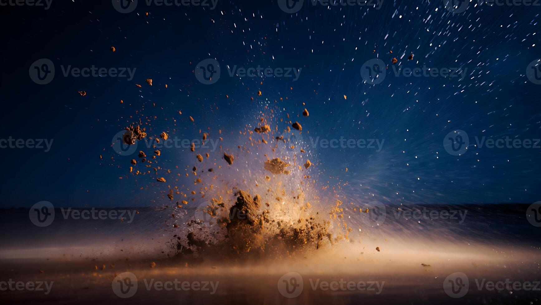 Dynamic splash of dark soil against a night sky full of stars creating an explosive visual moment of impact photo