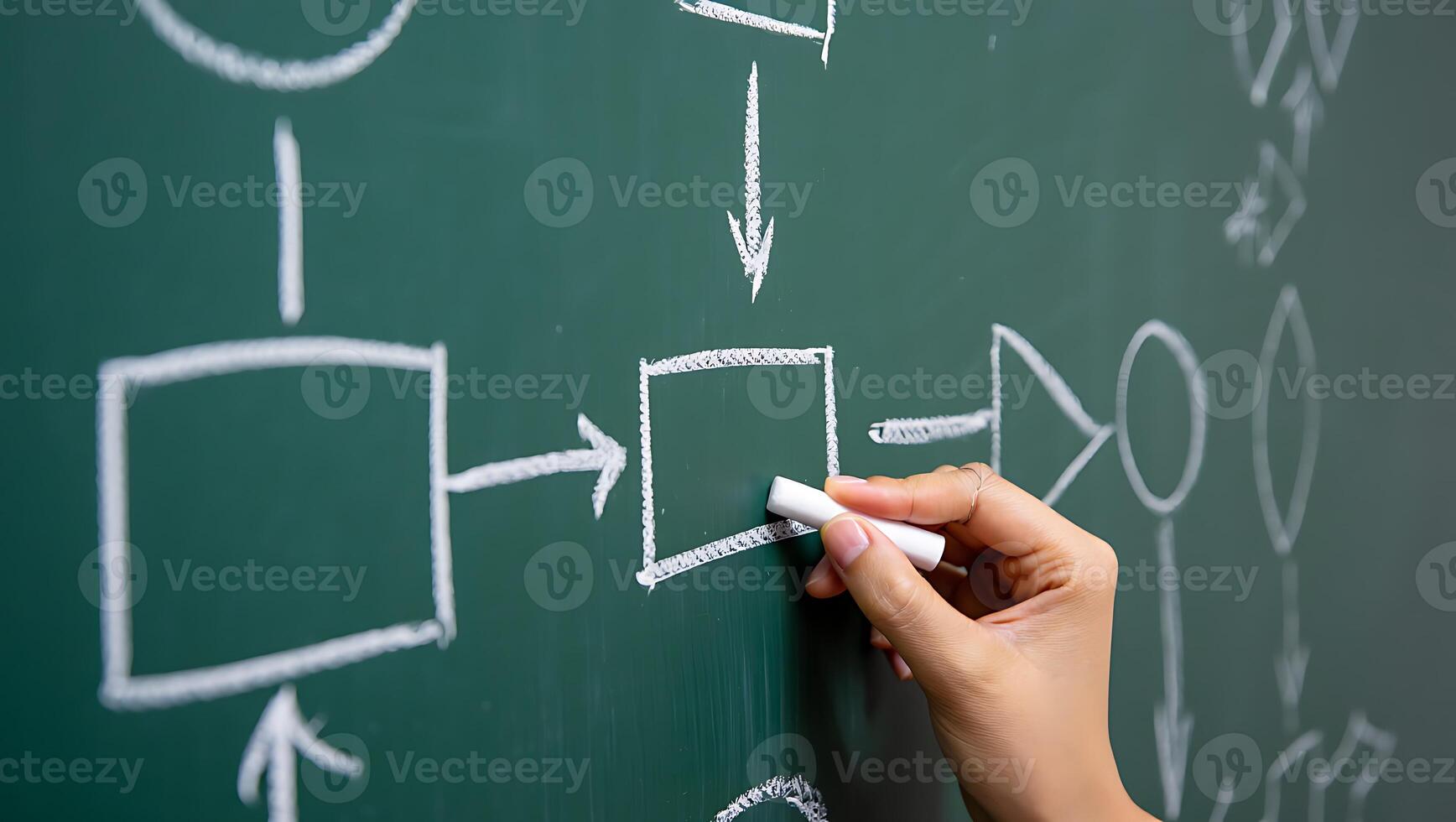 Hand Drawing Business Process Flow Chart on Green Chalkboard Demonstrating Workflow and Strategy for Successful Project Execution photo