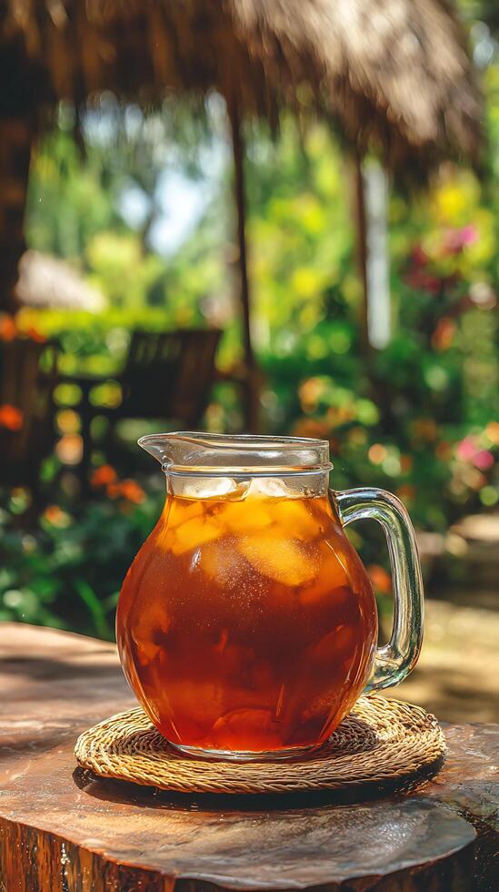 Refreshing Iced Tea Pitcher on a Rustic Table in a Tropical Setting. photo
