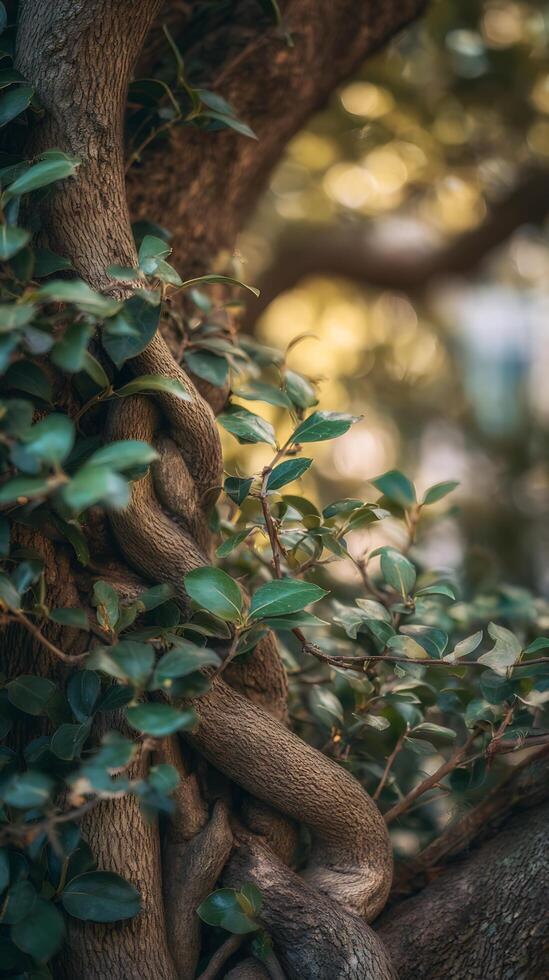 Textured Tree Trunk with Lush Green Leaves and Soft Bokeh Background. photo