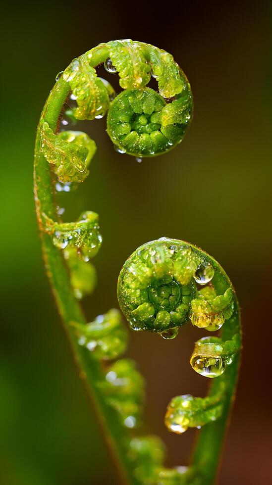 Dewdrops clinging to a fresh green fern unfurling after rain. photo