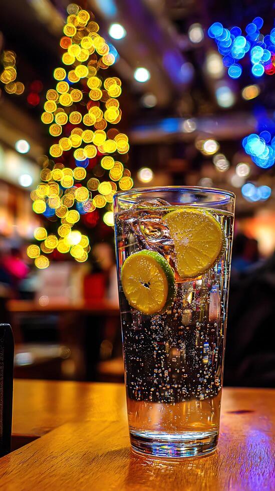 Refreshing Drink with Sparkling Lights and Citrus Slices. photo