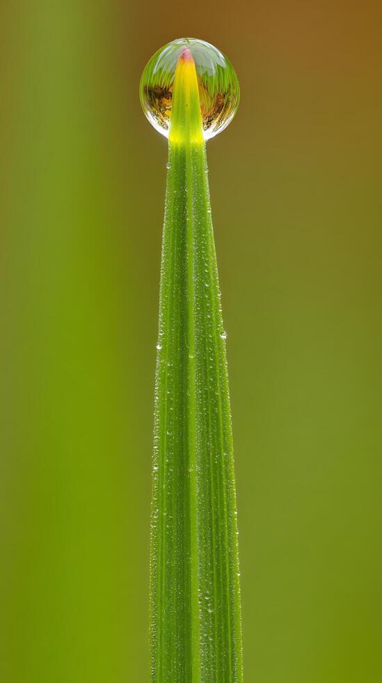 Tiny World Reflected in Dewdrop on Grass Blade. photo