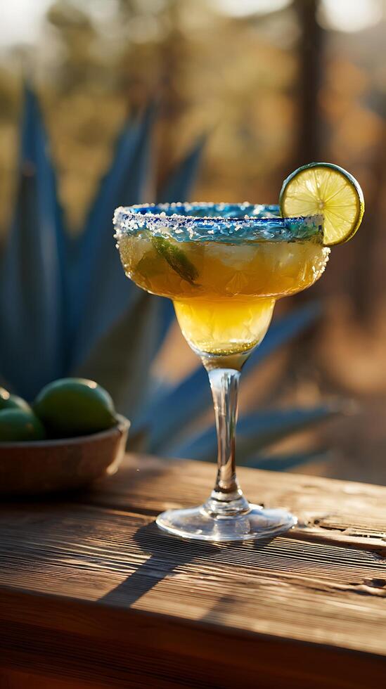 Refreshing Lime Margarita With Salt Rim Outdoors With Agave Plants photo