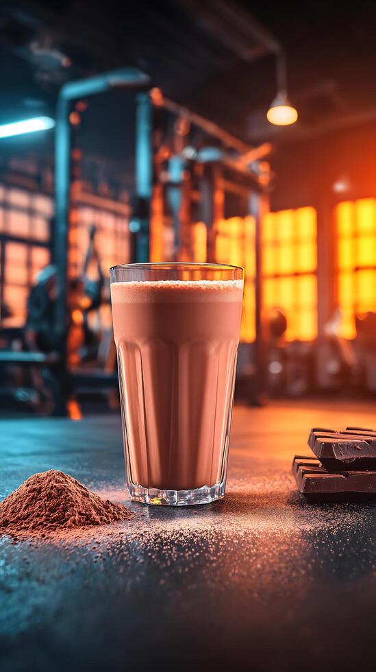 Chocolate protein shake in a gym setting with dark chocolate and cocoa powder. photo