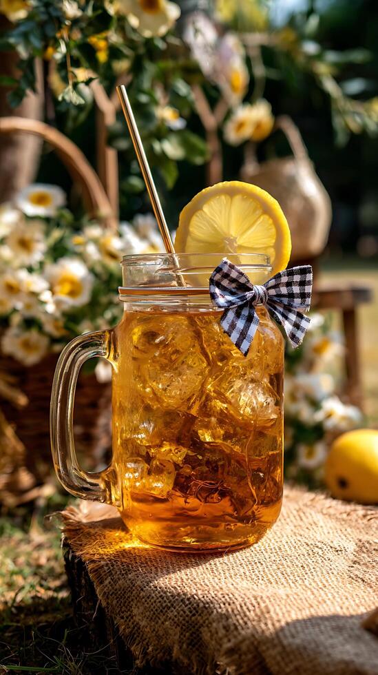 Refreshing Iced Tea with Lemon and Flowers in Rustic Setting. photo