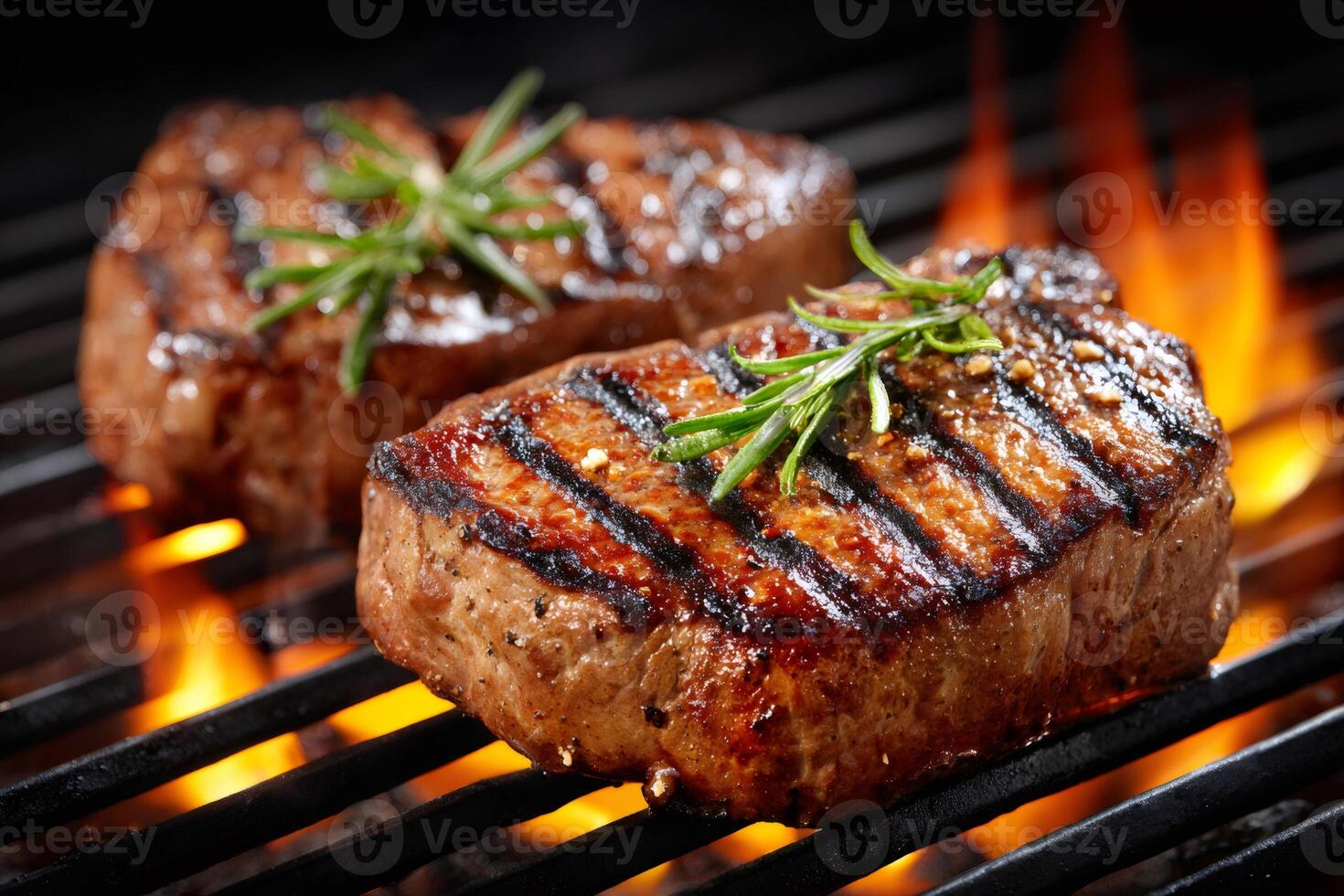 Grilled beef steaks with rosemary sprigs cooking on barbecue grill photo