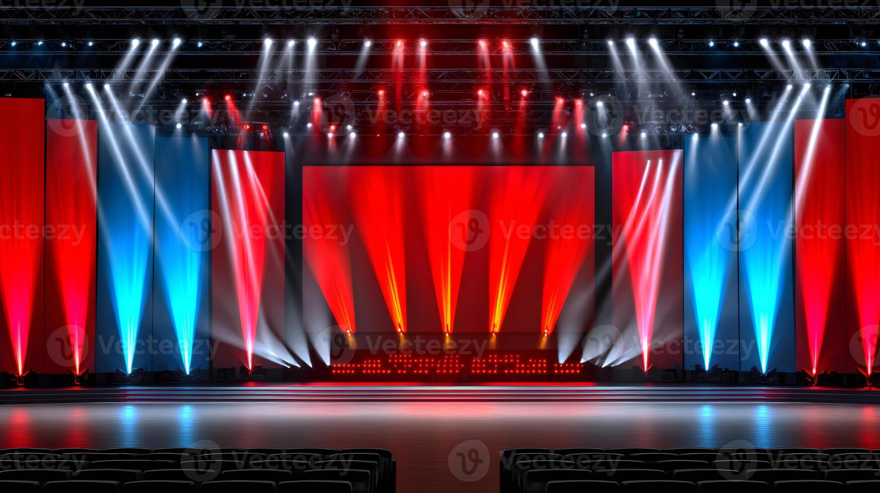 Empty stage lit up with red and blue spotlights before a show photo