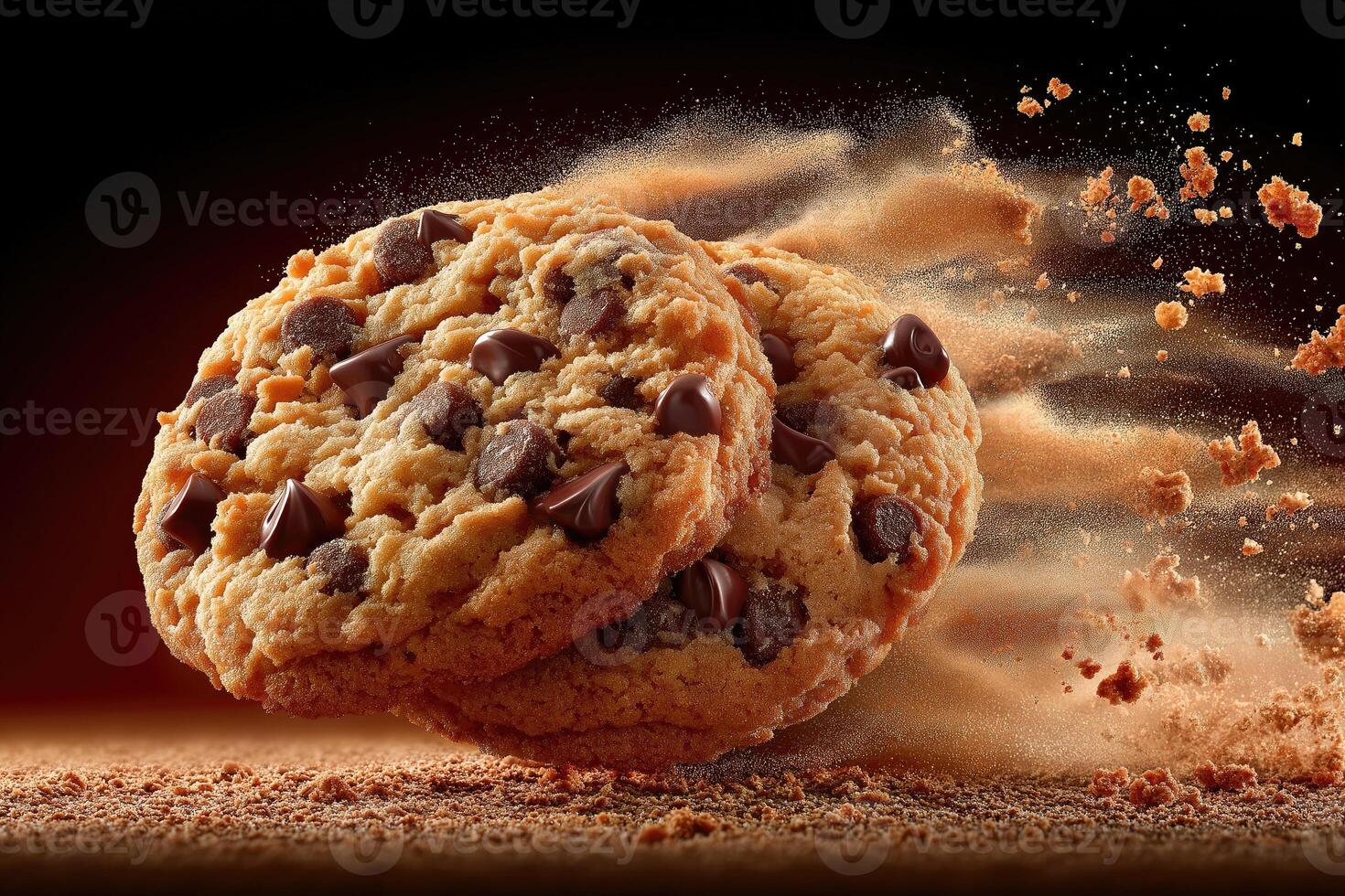 Two chocolate chip cookies flying over crumbs with motion blur effect photo