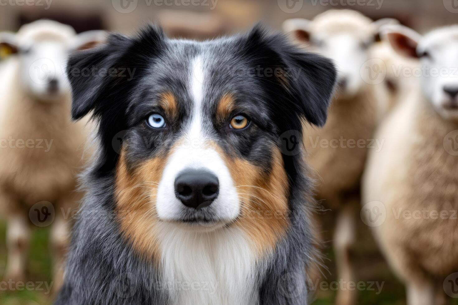 Australian shepherd dog guarding flock of sheep in farm photo
