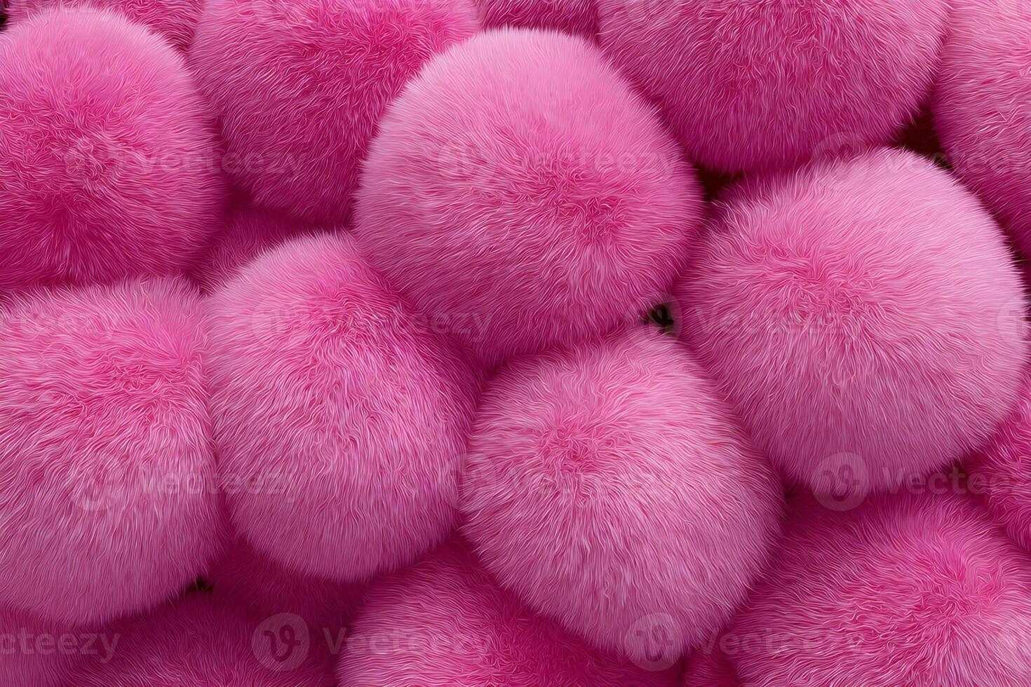 full-frame close-up of numerous fluffy, spherical objects in various shades of hot pink with clearly visible texture, a bubbly or pom-pom-like pattern photo