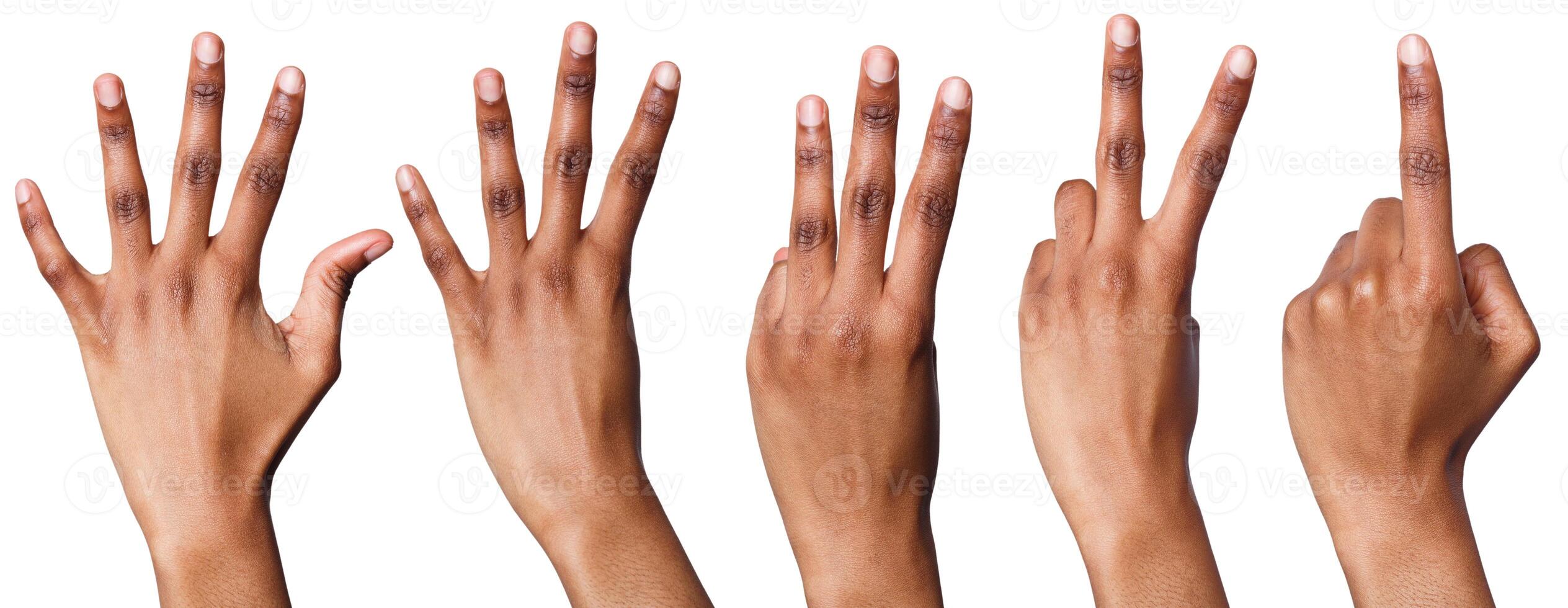 Set of african-american hands counting. Collection of black hands showing one, two, three, four, five on white isolated background photo